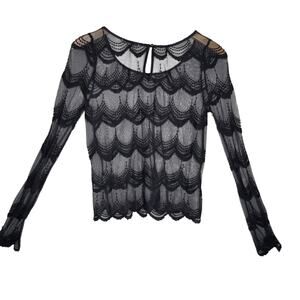 Charlotte Russe Black Sheer Lace‎ Scallop Long Sleeve Blouse Top SZ M Whimsygoth